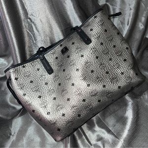 MCM Visetos Reversible Shopper Tote Bag Silver Coated Canvas.